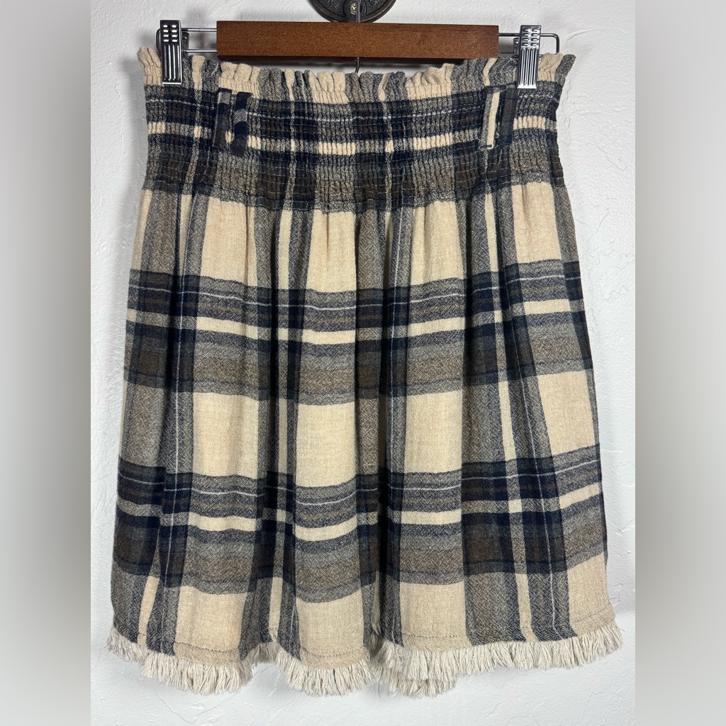 Zara 100% Cotton Shirred Waist Navy Cream Plaid A-Line Skirt Fray Hem Size Med